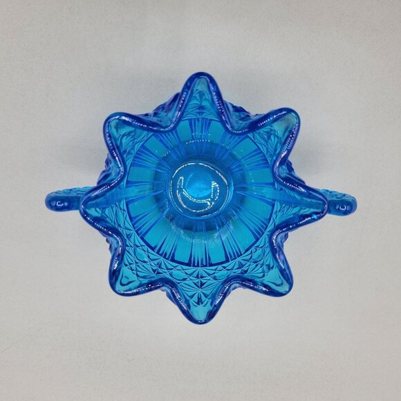 1930s Fenton Daisy and Button Winged Sugar Bowl Blue Art Deco Crimped Top - Picture 5 of 7